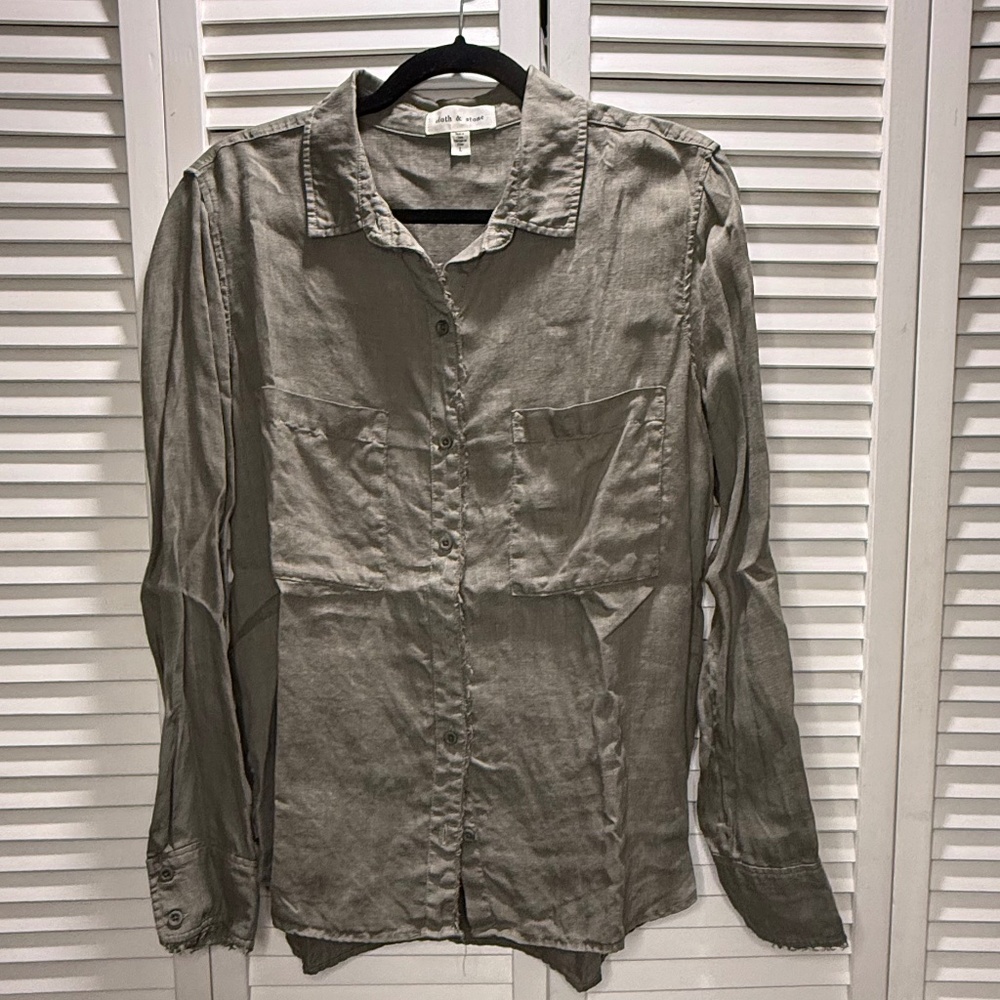 Cloth and Stone, Linen Button Front Shirt, Olive Green, Sz L
